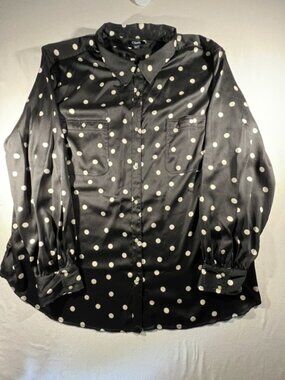 Chaps Women's 3XL Plus Black White Polka Dot Satin Blouse Button Up Long Sleeve